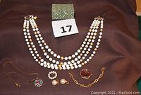 Full view of all items including necklace, earrings, ring pin, bracelet, and box displayed on dark brown cloth.