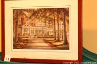 Framed limited edition print titled 'The Conservatory' by Trisha Romance with visible matte and frame, showing the artwork of a conservatory building with trees.