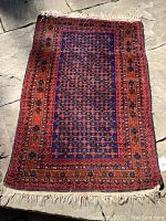 Full view of the Persian carpet laid flat, showing the overall pattern and fringe edges.