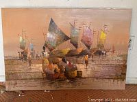 Full frontal view of the signed oil painting on canvas showing colorful boats with sails and figures along the shoreline.