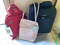 Photo showing three bags: black Samsonite carry-on suitcase, pink S-Q vegan leather handbag, red Moleskin backpack, all upright and visible with tags on S-Q bag and Moleskin backpack.