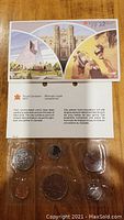 Front side of the sealed 1982 uncirculated Royal Canadian Mint coin set featuring six coins in original packaging with colorful Canada-themed card insert.