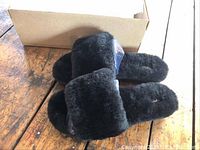 Pair of black UGG slippers on a wooden surface showing plush fur texture and slide design with an open toe and open heel.