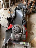 Top view of red Snapper lawn mower showing Briggs & Stratton engine, handlebar and collection bag.