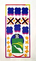 Full view of the lithograph showing abstract geometric and organic forms in blue, orange, green, red and black within a magenta border.