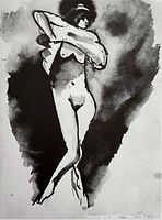 Close-up image of the black and white lithograph depicting a nude woman lifting a chemise, rendered in ink wash style.