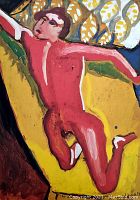 Close-up view of the lithograph depicting a red nude figure with signature.