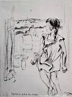 Close view of full lithograph showing the young girl by the window over landscape, with signature and handwriting visible.