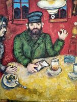 Close-up of the artwork showing the bearded man at the table with vibrant colors and details.