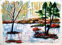 Full image of lithograph depicting forest landscape with abstract red, green, blue brushstrokes and signatures visible.