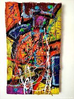 Full front view of stretched mixed media canvas painting
