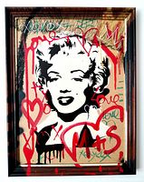 Full frontal view of framed mixed-media painting showing stencil portrait and graffiti overlays.