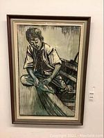 Framed signed print featuring a seated boy in muted monochrome colors with teal highlights. Overall view showing full artwork and frame.