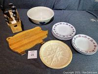 Full lot of Henckels knives in block, pig-shaped cutting board, heart motif bowl, goose pattern plates and bowls, shortbread cooking plate