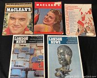 Five vintage magazines laid out in a group shot showing front covers including two Maclean's, two Illustrated London News, and one Chatelaine