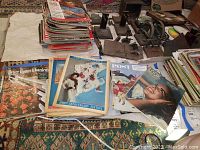 Wide view of vintage magazines spread on rug showing Look Magazine, Better Homes & Gardens, Boston Herald 100th Anniversary Edition among others.