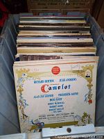 Photo of vinyl records stored upright in a large plastic bin showing album covers including Camelot