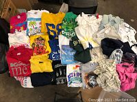 Over 25 assorted vintage men's t-shirts and tops laid out showing various colors, prints, and styles.