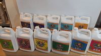 Photo of 11 white 4-liter jugs of hydroponic nutrient solutions arranged on a table, colorful labels with product names and formulas visible.