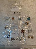 Multiple small costume jewelry pieces and accessories in separate plastic bags spread out on a surface.