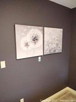 Two square canvas prints hung side by side on a gray wall, showing matching dandelion designs in neutral colors.