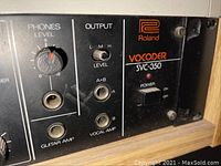 Front right section showing Phones level knob, Output jacks (L/M/H, A+B, A, B), Power switch and Roland Vocoder SVC-350 logo.