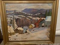 Full frontal view of framed painting depicting snowy village scene