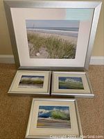 Full set of four framed seaside-themed photographs, one large and three smaller, arranged on floor showing matching stainless steel frames.