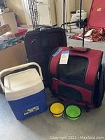 Soft-side carry-on suitcase, dog carrier, Igloo cooler, and collapsible bowls displayed on floor.
