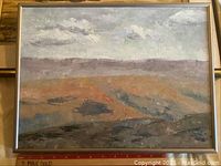 Framed acrylic painting with landscape scene in muted earthy colors and horizon line.