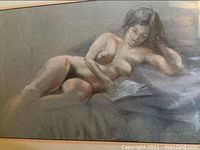 Photo of original painting showing nude woman reclining on bed reading a book.