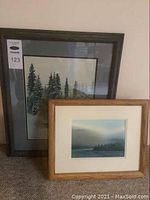 Two framed watercolour paintings leaning against a wall, one larger with dark frame and one smaller with light wood frame