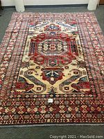 Full view of Pakistani Persian hand knotted rug showing borders and central medallion