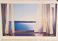 Full view of large framed 'Long Golden Day' lakeview picture showing curtains framing the calm lake and horizon.