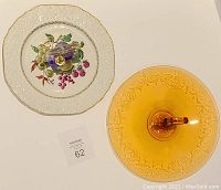 Top view of both serving trays showing amber glass tray and ceramic fruit tray with handles