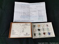 Photo of Certificate of Authenticity document, Brazil mineralogical map, and collection box with labeled display card inside showing the stones.