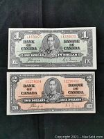 Flat view of front sides of both one dollar (green) and two dollar (orange-brown) notes on black background