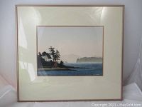Overall view of framed watercolour painting with double mat and thin wood frame