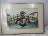 Full view of the framed watercolour painting depicting Venice scene with Rialto Bridge and gondola.