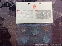 Front view showing six Canadian commemorative coins in original packaging with bilingual description card mentioning City of Winnipeg's 100th anniversary 1874-1974.