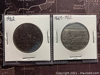Two Canadian coins displayed side-by-side in protective holders, showing obverse and reverse sides including dates and inscriptions.