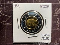 Photo of the reverse side of the coin showing the gold plated polar bear and inscriptions 'CANADA 2 DOLLARS'. The coin is housed in a white cardboard holder with handwritten notes indicating '1999', 'PROOF' and 'SILVER .9250'.