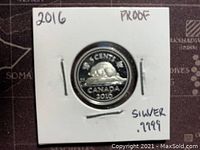 Reverse side of the 2016 Canadian silver proof 5 cents coin featuring the beaver and coin details.