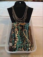 Image showing a collection of necklaces displayed on a black necklace stand inside a plastic container, featuring chain styles, faux pearl beads and turquoise stones.