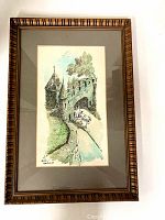 Framed Quebec watercolour painting from 1969 in carved wooden frame with grey matting.