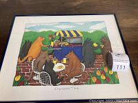 Framed colorful print of cats at a coffee stand titled 'Espresso Time'.
