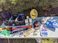 Lot display with collapsible trunk storage bag, large axe, paint brushes, Chicago Bulls hat, iridescent sequin pillow, decorative mirror, spray paint, ice scraper, clip-on sun shade, hiking waistpacks, rain gauge, pool/spa thermometer, and other items