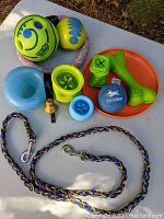 Overview of dog training and play items arranged on a table including leash, balls, treat puzzles, chew toys, and a training bell.