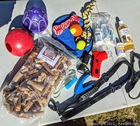 Photo showing dog training and pet care items arranged on a table including training leashes, collars, flashlight bag holder with carabiner, large bag of bully stick treats, and several chew toys and balls.