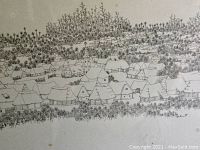 Close-up of the etching showing the detailed village and snow scene with trees and houses.